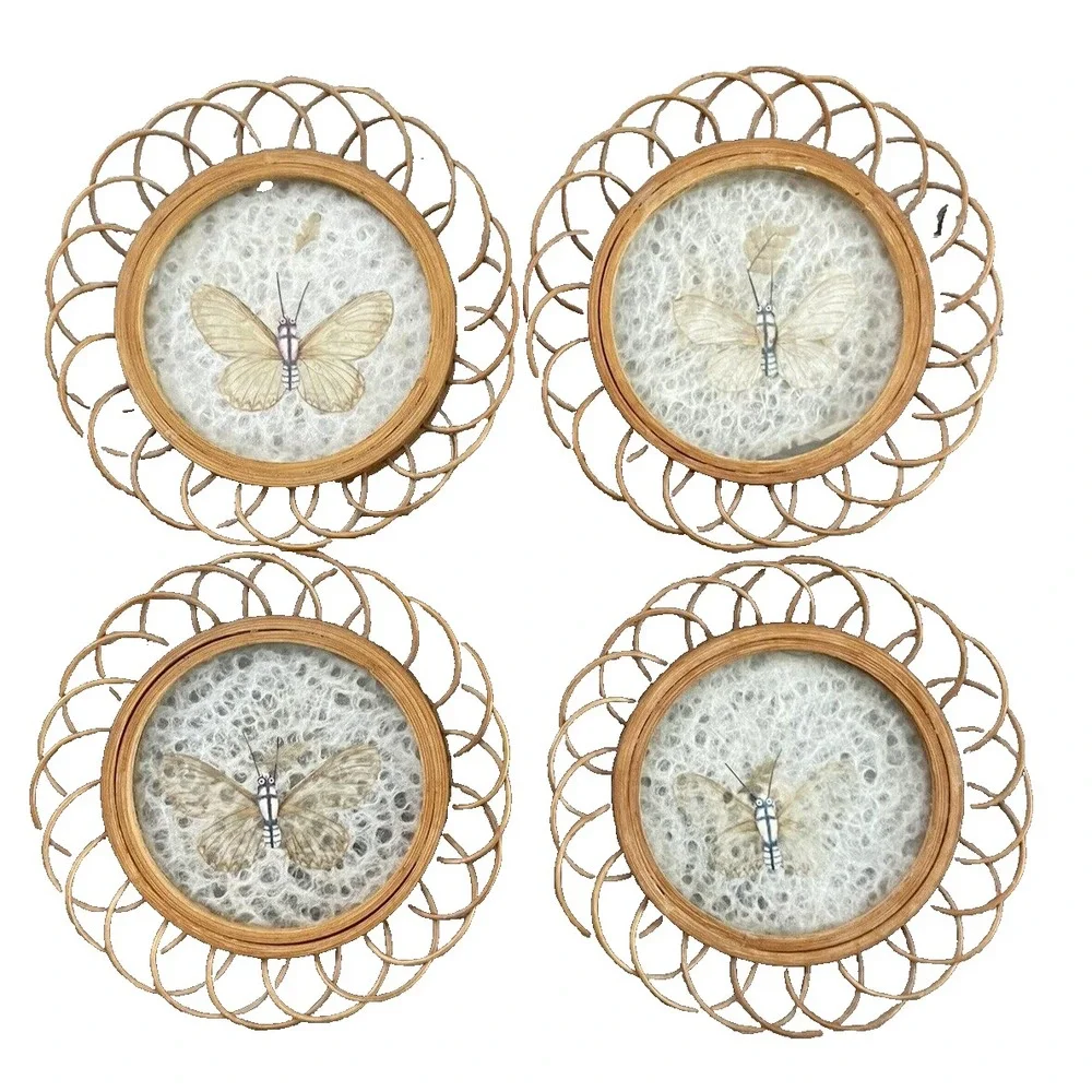 Vintage Pressed Butterfly Coasters Wicker Bamboo Boho Set Of 4